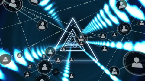 Futuristic Digital Network with Floating Icons and Triangles
