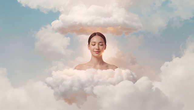 Ethereal woman floating in soft clouds with glowing halo dreamy surreal portrait