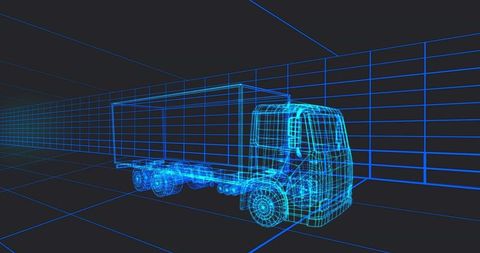 Futuristic semi-truck wireframe in 3d technological grid space