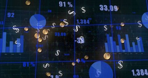 Finance dashboard visualizing cryptocurrency flow with floating dollar symbols and bitcoin