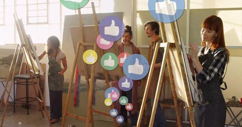 Creative artists painting collaboration with social media engagement