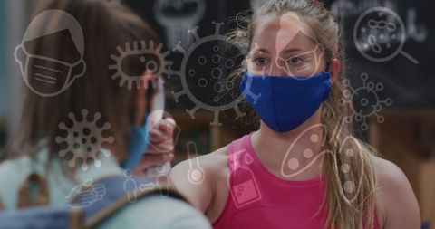 Masked Woman Checking Temperature at Gym with COVID-19 Icons - Download Free Stock Images Pikwizard.com