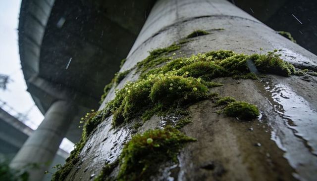 Moss sprouting on wet concrete pillar beneath overpass, rainy urban nature reclaiming