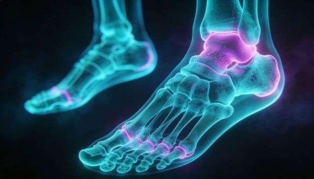 Neon skeletal foot showing joints highlighted with magenta rings for orthopedics