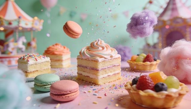 Pastel Layer Cake with Swirled Buttercream, Macarons and Fruit Tarts for Celebration Party