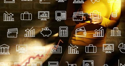 Woman using smartphone with fintech icons and rising graph over industrial brick wall