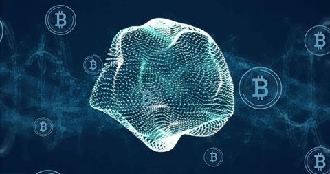 Undulating 3d point-cloud mesh rotating in neon teal blockchain network with bitcoin tokens
