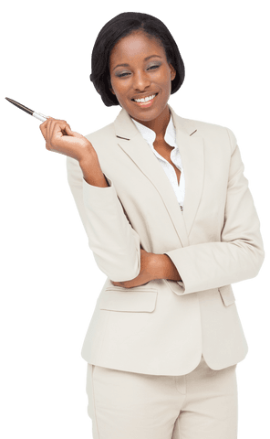 Confident businesswoman smiling holding a pen on transparent background