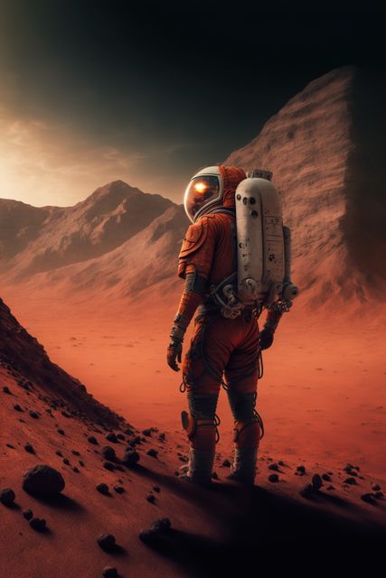 Astronaut in space suit exploring rugged Martian landscape at sunset. Ideal for science fiction themes, space exploration projects, futuristic technology advertisements, and educational materials on space and astronomy.