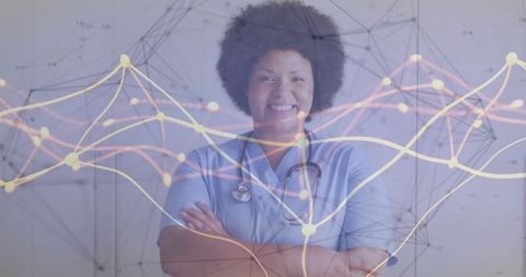 Smiling nurse crossing arms with network data overlay for healthcare analytics and ai