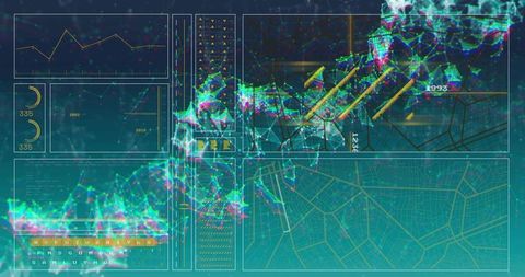 Futuristic Holographic Data Dashboard with Neon Point-Cloud, Network Grid and Map Overlay