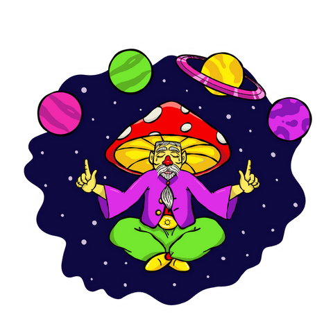 Colorful cosmic sage levitation under mushroom hat, surreal transparent theme