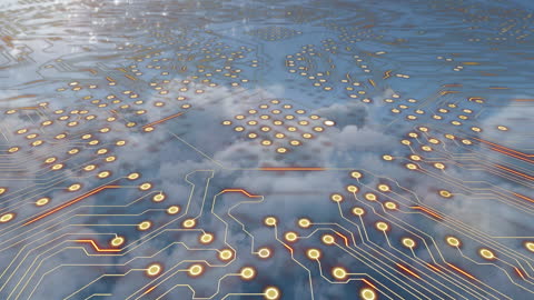 Futuristic Circuit Board Extending Above Clouds Illustration