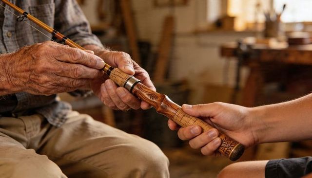 Senior craftsman passing handmade carved fishing rod handle to apprentice in workshop