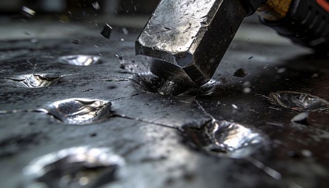 Sledgehammer striking thick steel plate, creating deep dent and scattering metal fragments