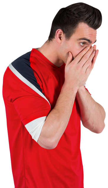 Transparent nervous football fan in red shirt looking ahead covering mouth - Download Free Stock Videos Pikwizard.com