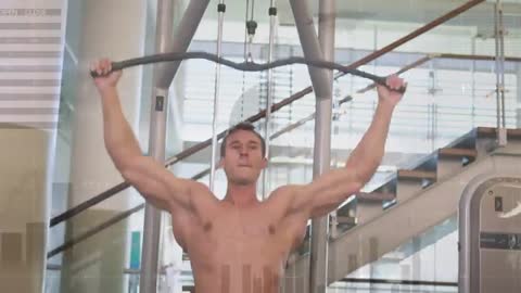Shirtless man performing lat pulldown grasping wide bar pulling down with animated overlay