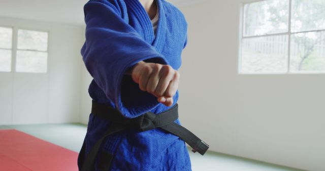 Martial artist wearing a blue gi and black belt practicing a punch in a dojo. This image can be used for showcasing martial arts training, fitness promotions, self-defense classes, and sports-themed editorials.