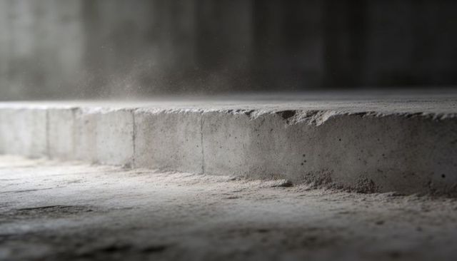 Rough concrete ledge with chipped edge and floating dust motes in dim parking garage