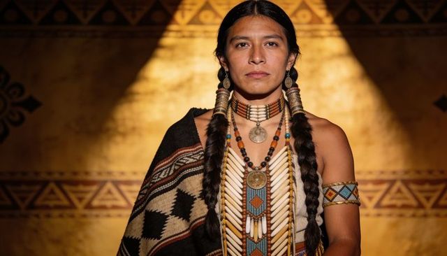 Indigenous man wearing regalia standing in golden spotlight with beadwork and braids