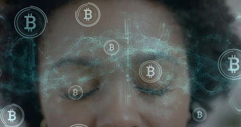 Black woman closing eyes with teal neural blockchain overlay and floating bitcoin icons