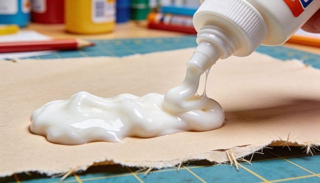 Squeezing white craft glue forming glossy puddle on torn paper over cutting mat