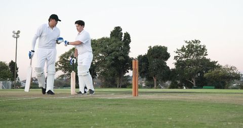 Cricket teammates fist-bumping at crease wearing white kit on grassy pitch at dusk