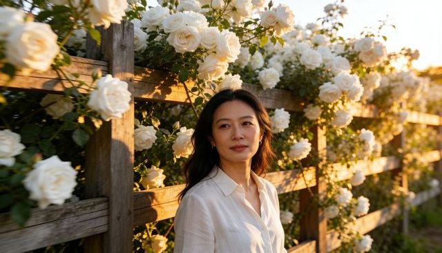 Sunlit asian woman leaning on wooden fence among white roses standing at golden hour
