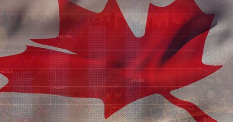 Canadian flag with financial graphs depicting economic trends