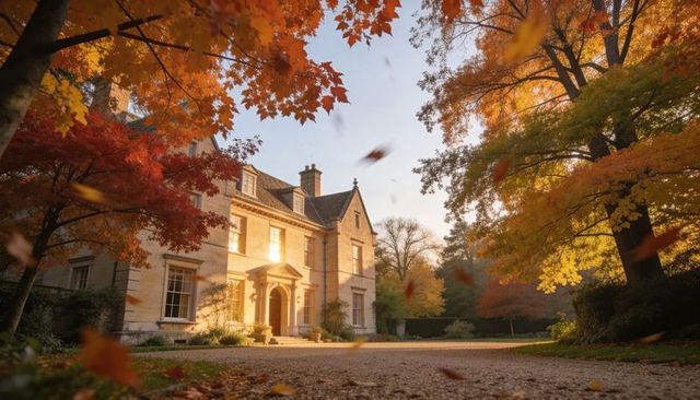 Golden sunlight bathing stately stone manor at country estate with falling autumn leaves