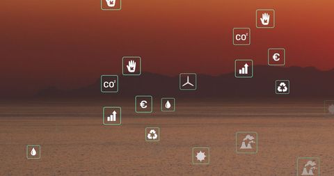 Sustainability Icons Overlay on Scenic Sunset Ocean View - Download Free Stock Images Pikwizard.com