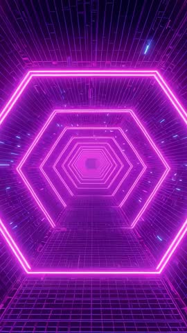 Neon Hexagon Tunnel Driving Viewer Forward Through Vibrant Cyber Grid Vertical Video Motion