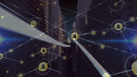 Digital Network Overlay on Futuristic Cityscape