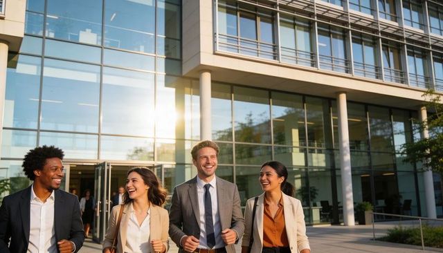Corporate team walking out of glass office, smiling and collaborating in warm sunlight