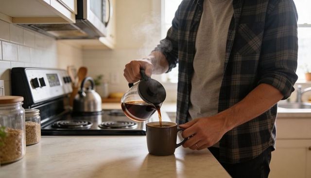 Pouring morning coffee from glass carafe into ceramic mug on kitchen counter with kettle
