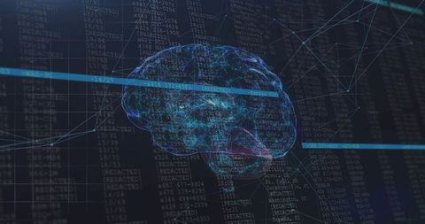 Futuristic 3d brain hologram amidst digital code and data networks