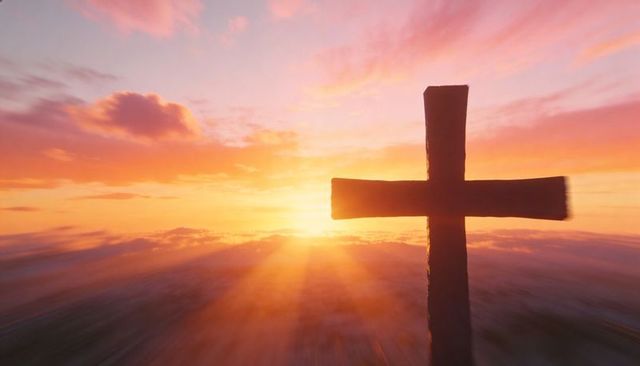 Wooden cross silhouetting against glowing sunrise over ridge symbolizing hope and faith