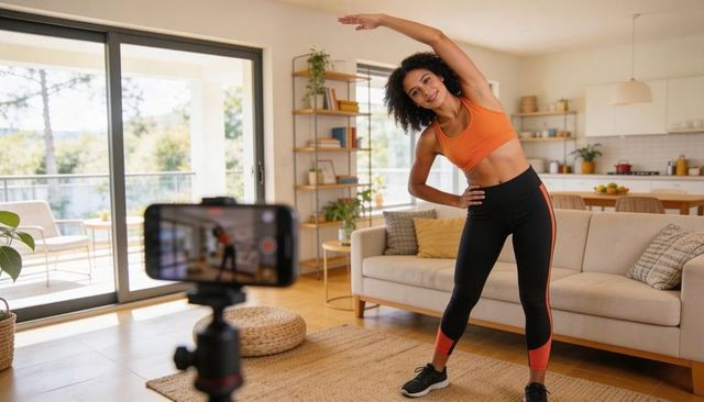 Fitness creator recording home workout in bright living room with smartphone on tripod