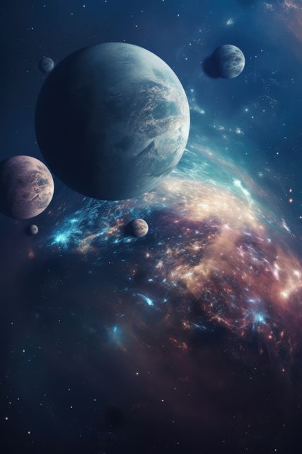 This image depicts a mesmerizing cosmic landscape featuring multiple planets and a vibrant nebula in the background. The visual elements of swirling stars and colorful gases create a sense of awe and wonder. This kind of visual can be used for science fiction book covers, space and astronomy presentations, educational materials, or to add a sci-fi theme to any design project.