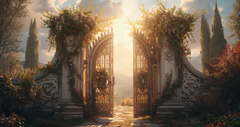 Sunlit Ornate Garden Gate with Rustic Charm
