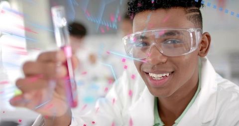 African American Teen Scientist Holding Pink Test Tube in School Lab with Digital Overlay