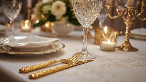 Elegant Formal Dinner Table with Gold Flatware, Crystal Stemware and Candlelight Ambience