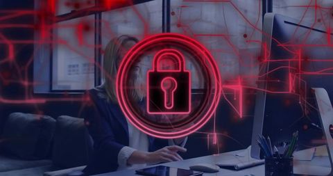 Cybersecurity concept with businesswoman in modern workspace