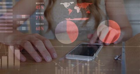Hands tapping and scrolling smartphone with digital analytics dashboard overlay and charts