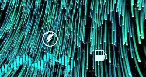 Futuristic data streams with lightning bolt and fuel pump icons