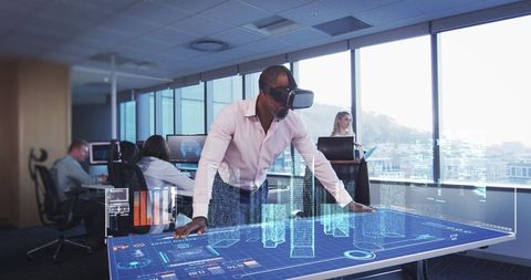 Business Professional Using VR Technology with Futuristic Digital Interface