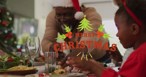 warm and inviting depiction of a family celebrating christmas together at a beautifully decorated dining table. highlighting family bonds, holiday festivities, and a joyous atmosphere. perfect for festive greetings, holiday promotions, and illustrating christmas spirit.