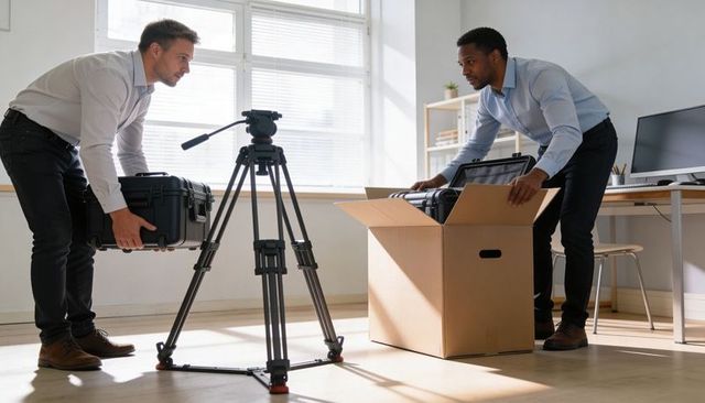 Multiracial Colleagues Unpacking Professional Camera Cases and Installing Tripod in Bright Office