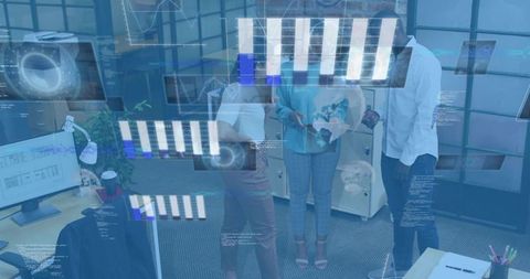 Collaborative team analyzing augmented data visualizations in modern office workspace