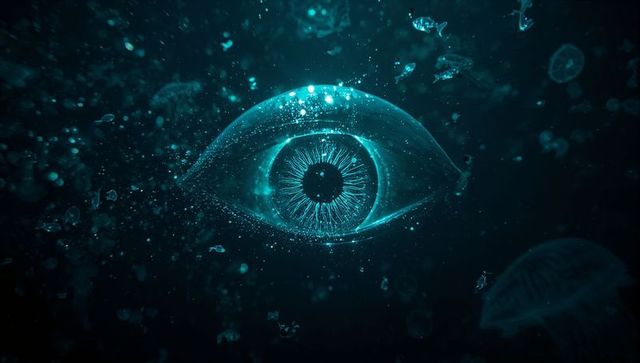 Futuristic Cyan Eye with Bioluminescent Surroundings in Teal Ocean Depths